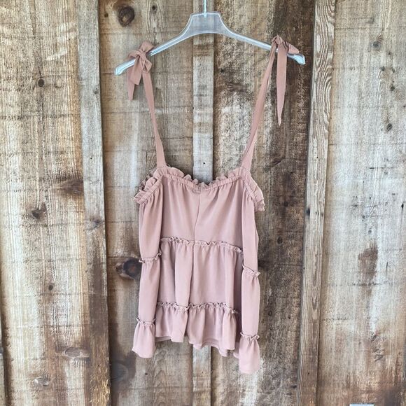 Cozy Co. Casual Boutique Sand Tiered Shoulder Tie Strap Woven Tank - Picture 3 of 7